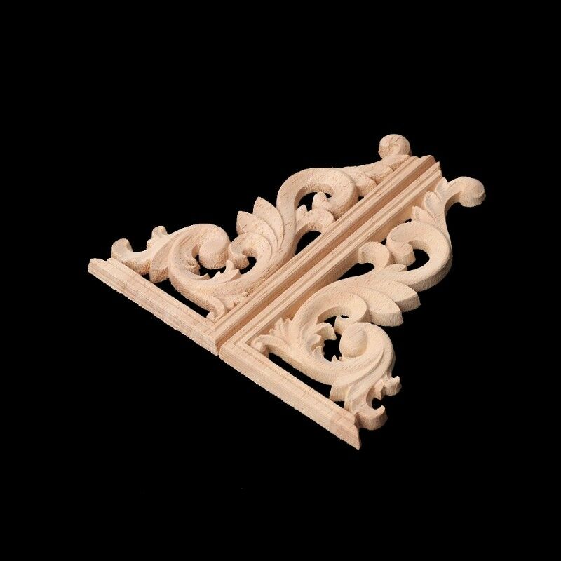 1Pair Wood Carved Corner Onlay Applique Frame Furniture Craft Unpainted Decor EE