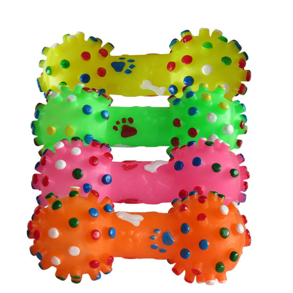 Dotted Dumbbell Shaped Dog Toys Squeeze Squeaky Faux Bone Pet Chew To.l8