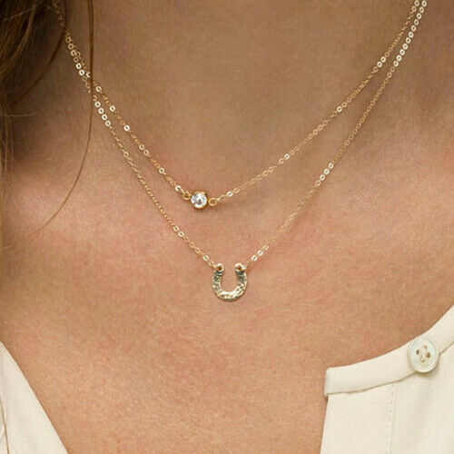 Women Multilayer Rhinestone U Shape Charm Golden Tone Chain Pendant Necklace New