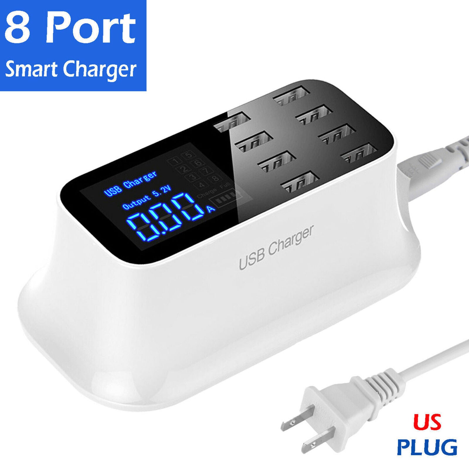 8 Multi-Port USB Adapter Desktop Wall Charger Smart LCD Display Charging Station