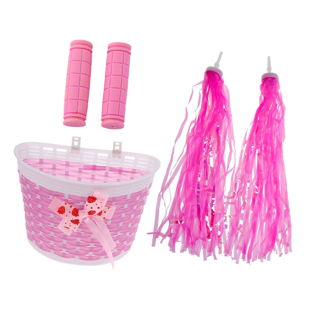 Girls Bike Basket Pink Kids  Scooter Streamers With Handlebar Grip Covers