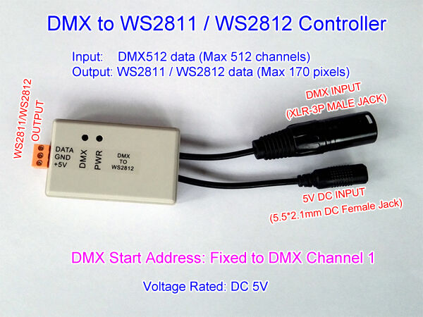 New DMX to 5V WS2811 WS2812 Controller Up to 170 Pixels DC 5V