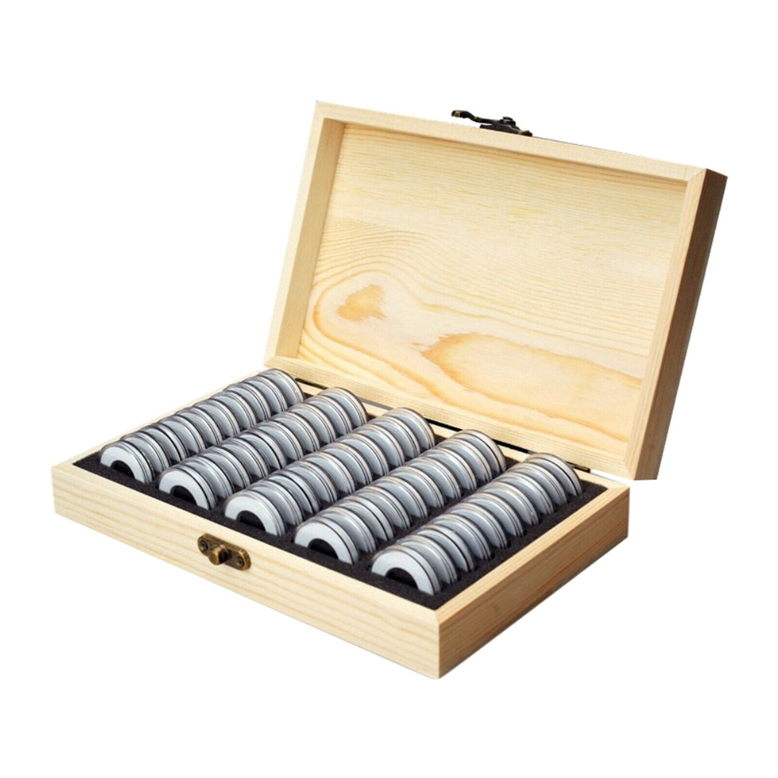 Fine Wood Coin Storage Box with 50pcs Capsules Coin Tray Holder Collection