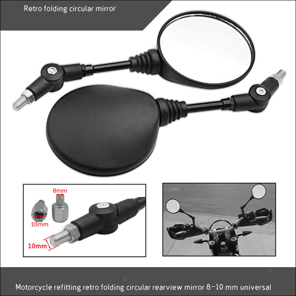 1 Pair Rero Collapsible Round Motorcycle Rearview Mirror 180°Adjustable
