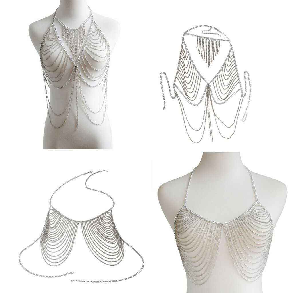 Alloy Body Chest Chains with Tassel Necklace for Womens Girls Bikini Top Bra