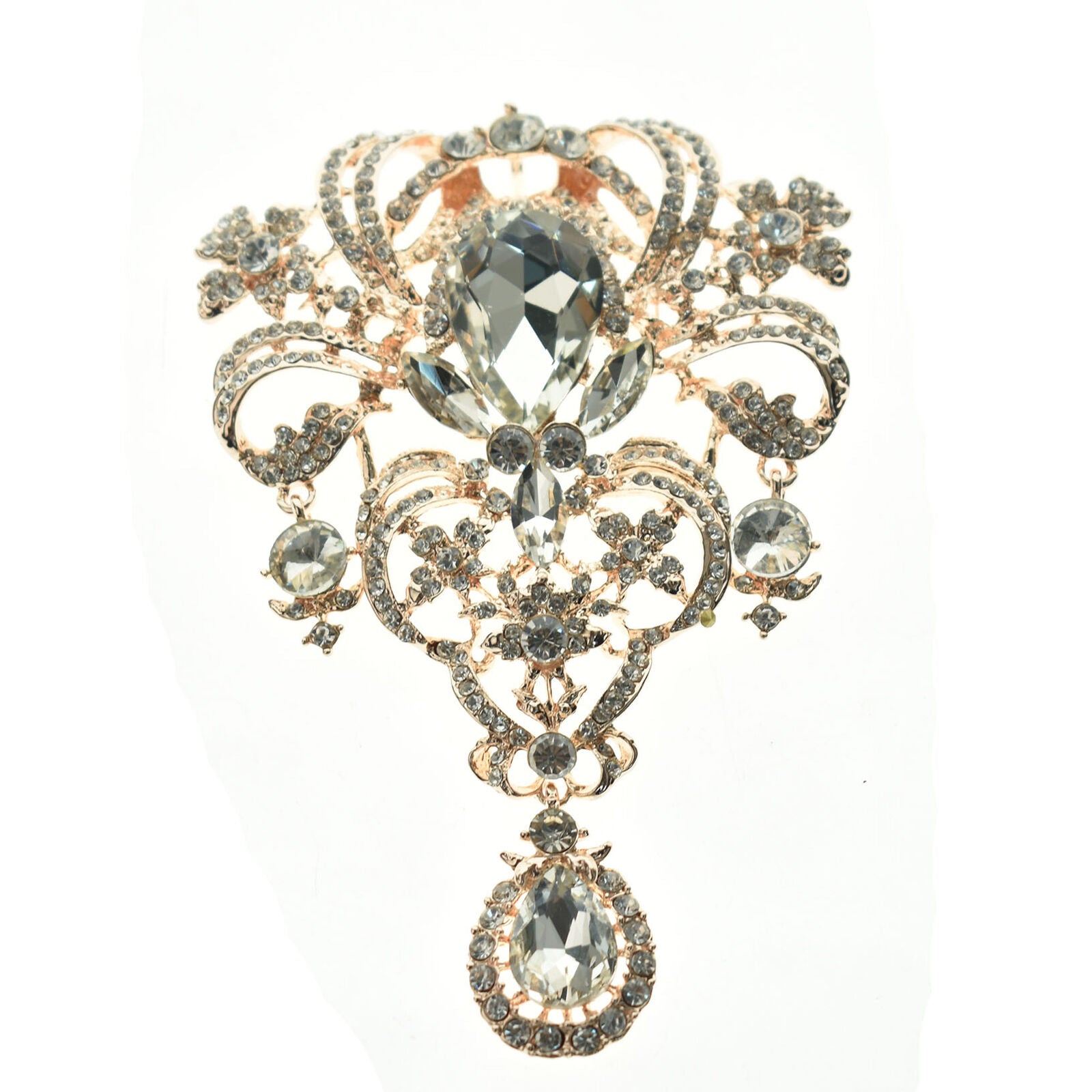 Fashion Style Flower Drop Pendant Brooch Pin Clear Rhinestone Crystal