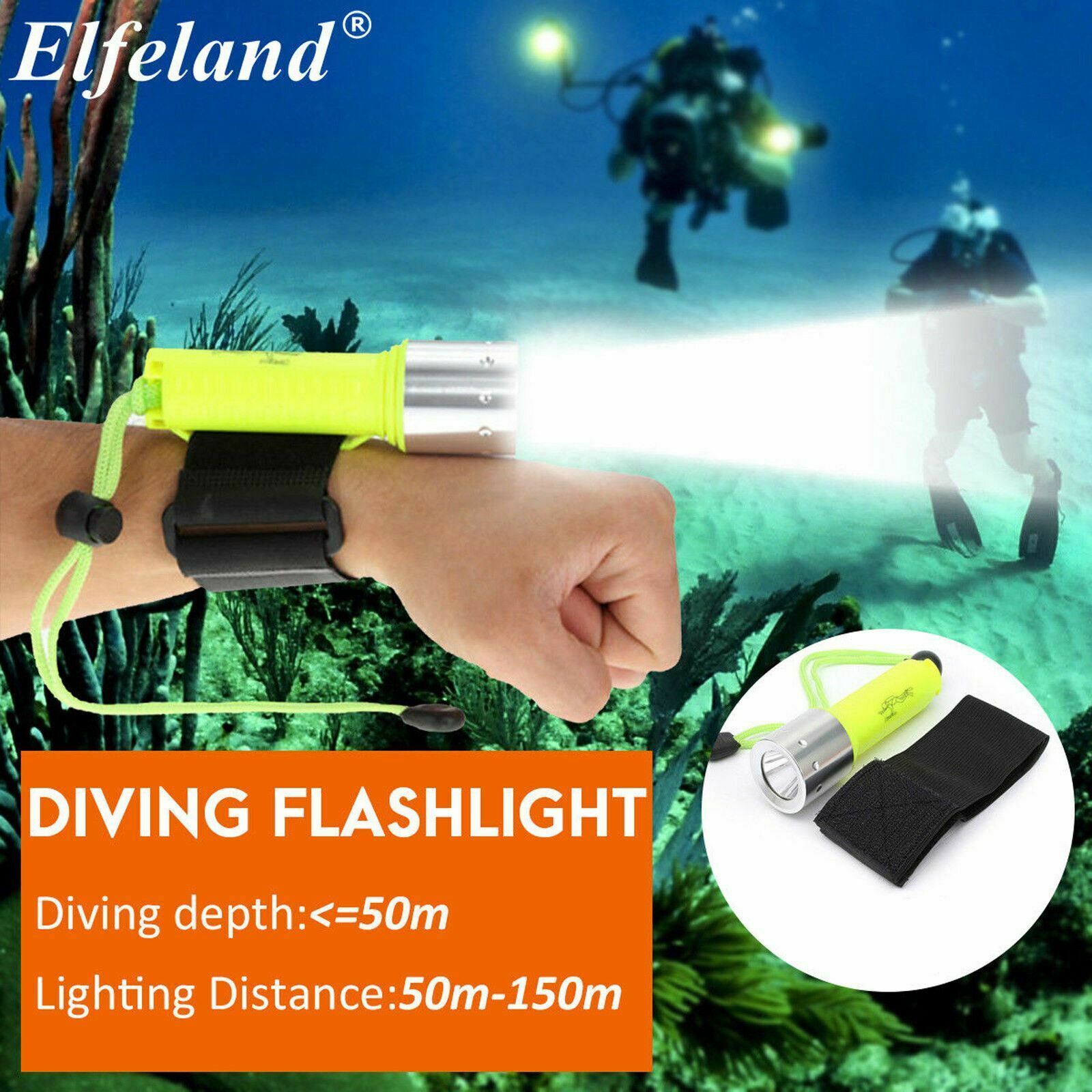 Elfeland T6 1600LM Waterproof 50M Ultra Bright Diving LED Torch Light Flashlight