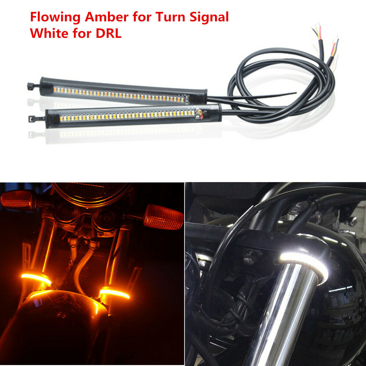 2Pcs Dual Colors Motorcycle Fork Flowing Sequential Turn Signals+DRL LED Strips