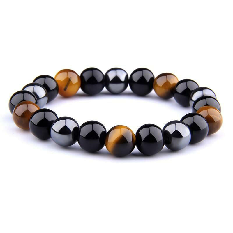 Bracelet " Triple Protection " IN Eye Of Tiger, Hematite And Obsidian Black New
