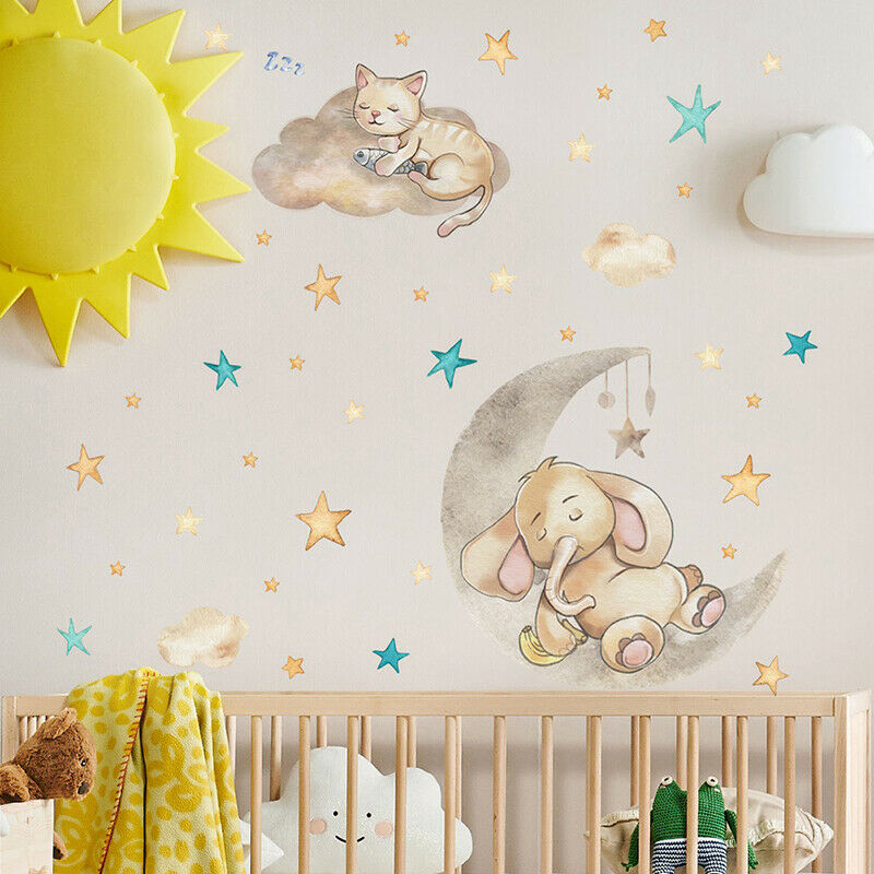 Cartoon Cat Elephant Sleeping On The Moon Wall Stickers For Baby Room Dec.l8