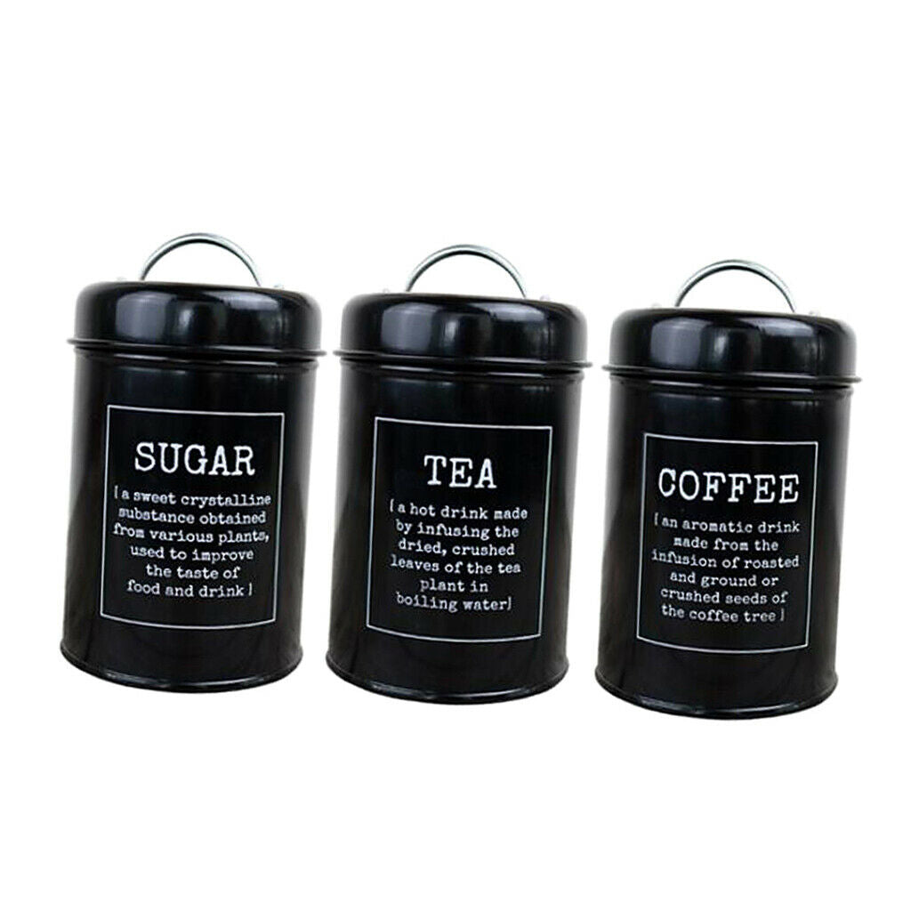 3pcs Tea Coffee Sugar Canisters Metal Kitchen Storage Tin Jars Pots Black