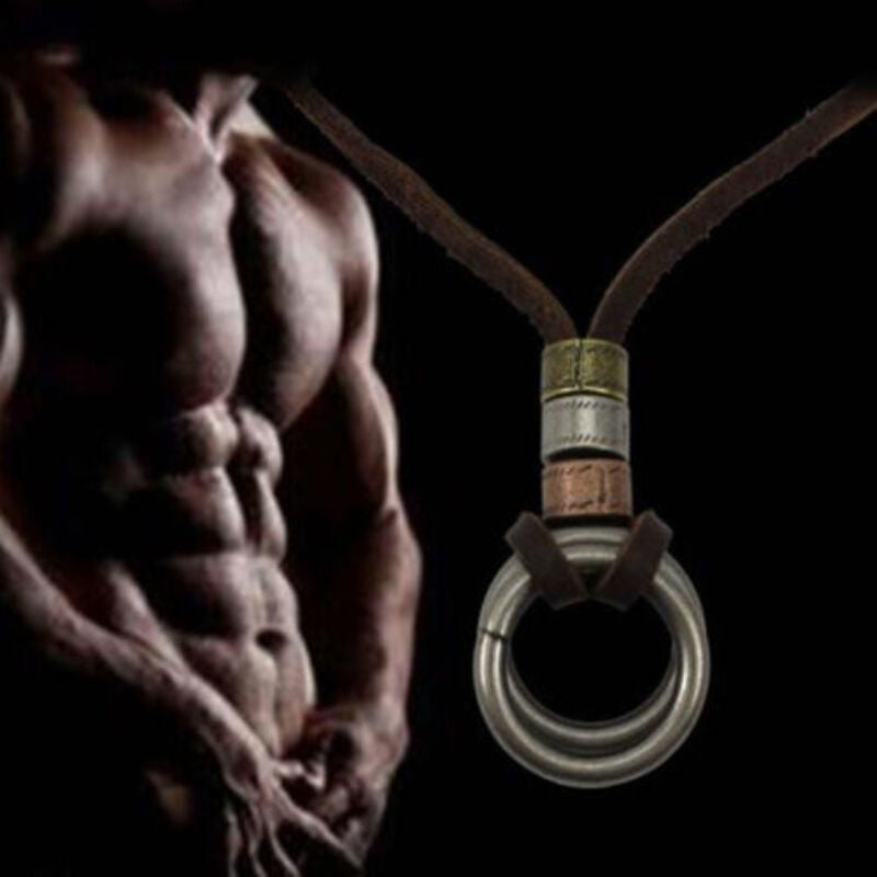 Men's Retro Leather LUS Cord Necklace Double Circle Ring Pendant Fashion Jewelry