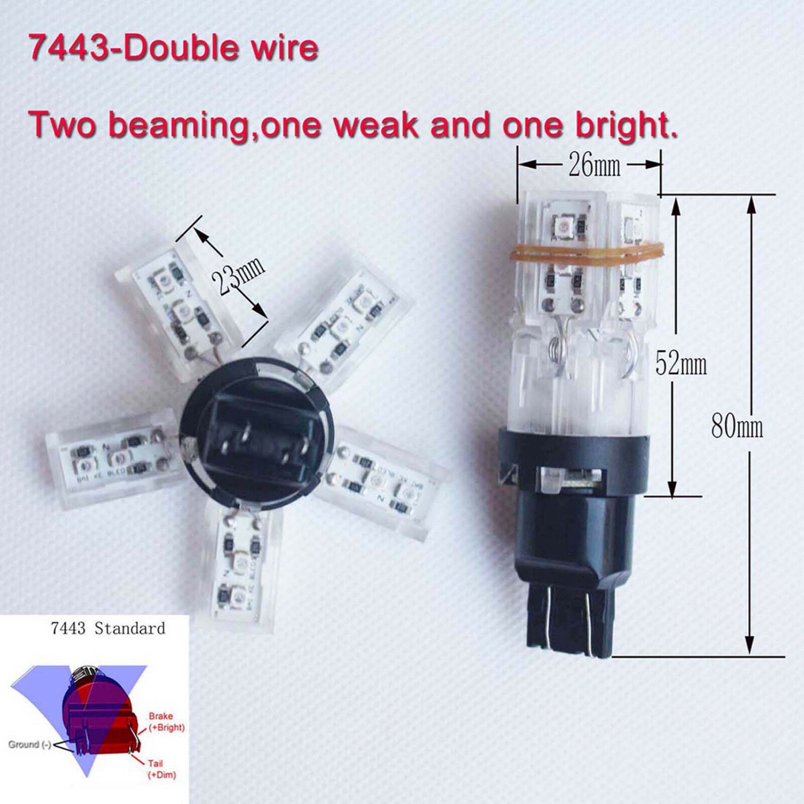 7443 W21/5W Car Auto Red LED Spider 5-ARM Brake Tail Reverse Light Bulb Lamp 12V