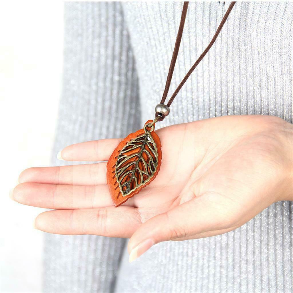 2 Pieces Women Leaves Leaf Pendant Necklace PU Leather Long Sweater Chain