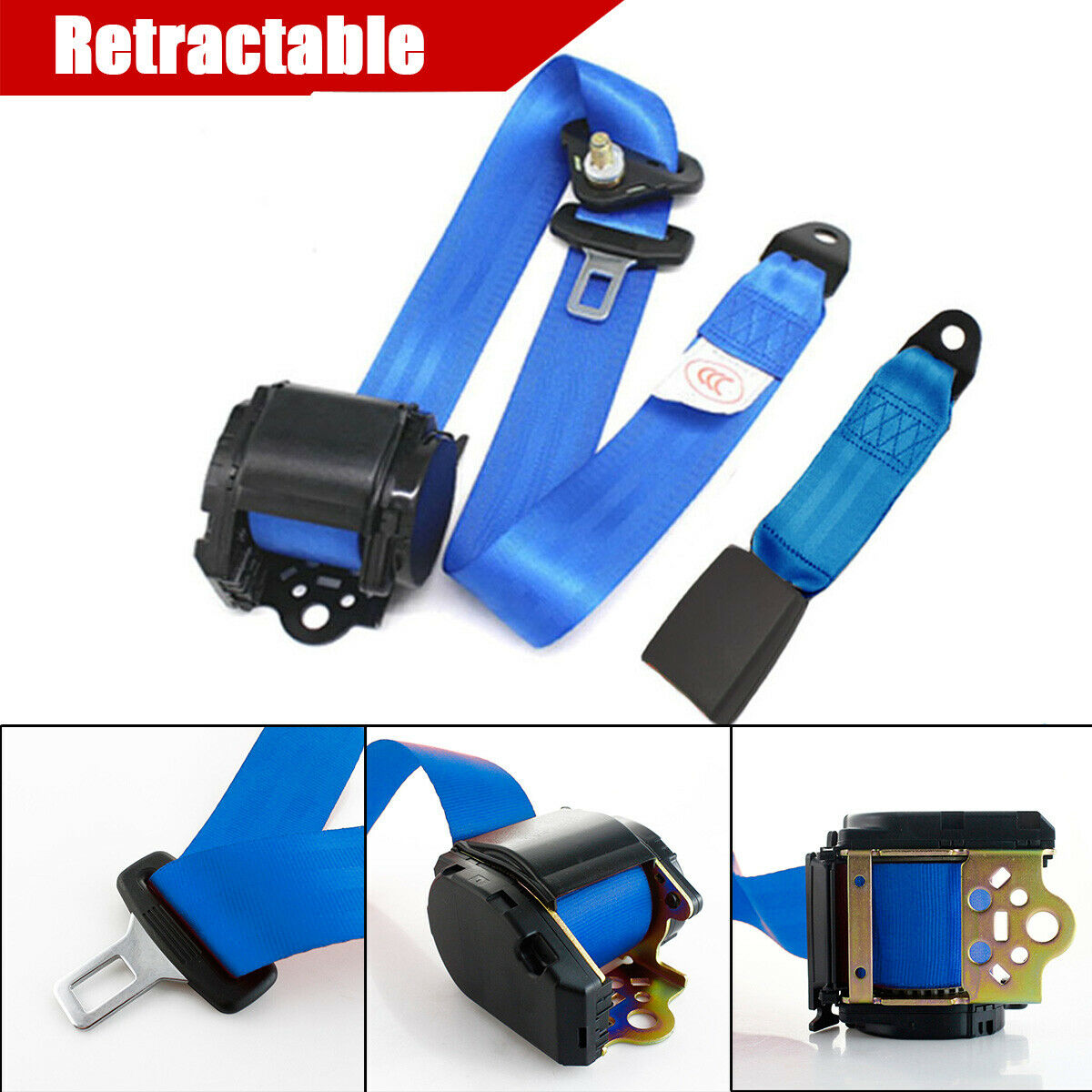 3 Point Blue Lap Seat Belt Extension Buckle Adjustable Nylon Straps For Car Bus