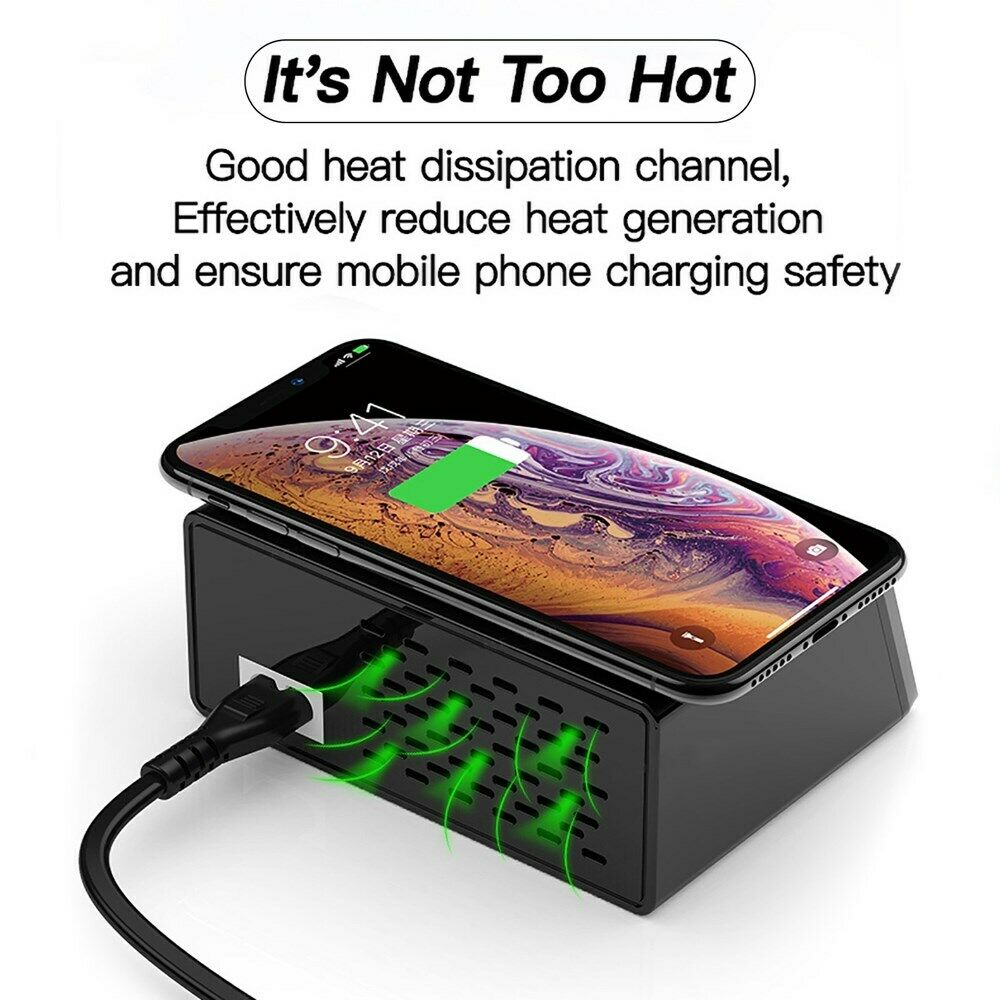 100W 8-Port Desktop Charging Hub QC 3.0 USB Port + PD + Wireless Station US Plug