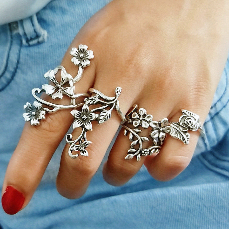 4Pcs/Set Retro Flower Leaves Midi Finger Knuckle Rings Kit Boho Fashion Jewelry