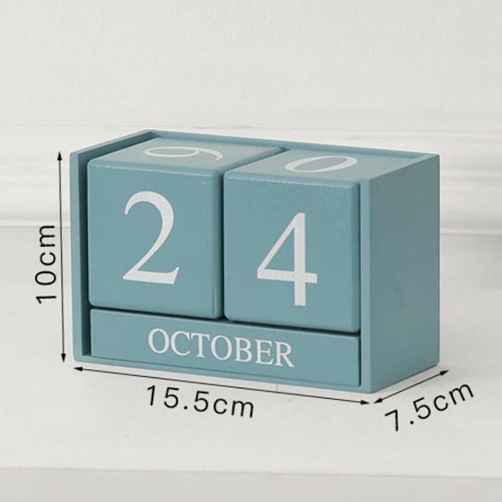 Wooden Perpetual Calendar Desktop Block Wood Calendar for Home Office Blue