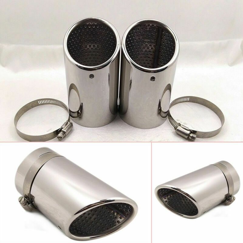 Pair 76MM Stainless Steel Car Rear Round Exhaust Pipe Tail Muffler Tip W/ buckle