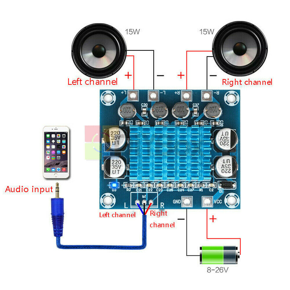 2 Channel Digital Audio Power Amplifier Board 2*30W Audio Module DC 8-26V