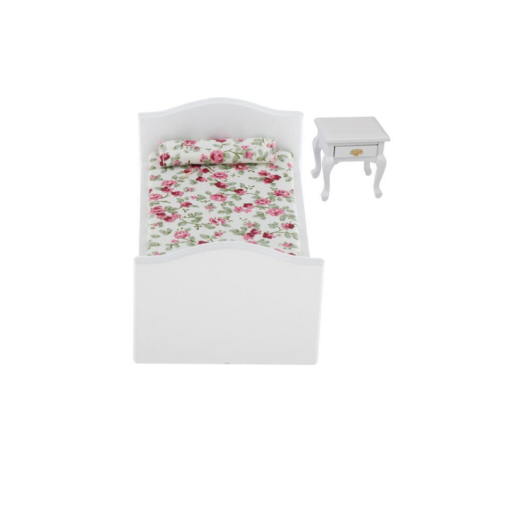 1:12 Scale Single Bed Floral Mattress Bedside Cabinet Furniture Accessory
