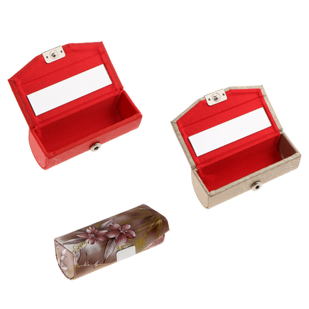 3x Leather Lipstick Lip Gloss Case Storage Box Makeup Holder with Mirror