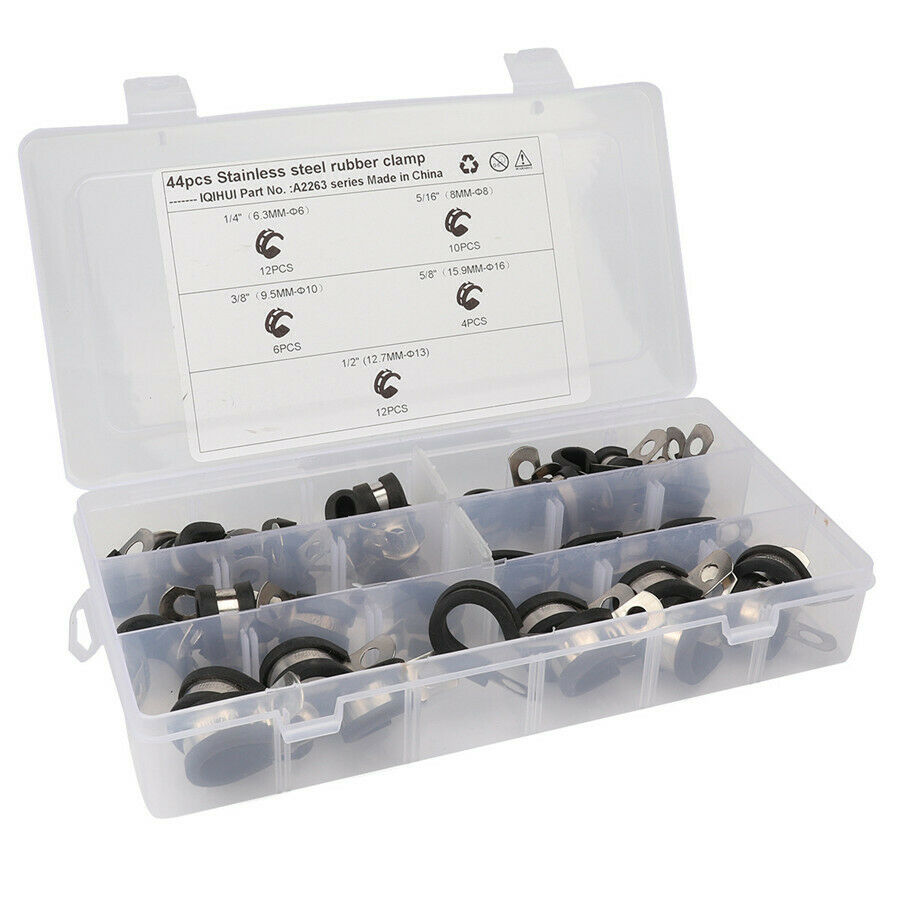 44* 5Size Cable Clamps Assortment Kit Stainless Steel Rubber Cushion Pipe Clamp