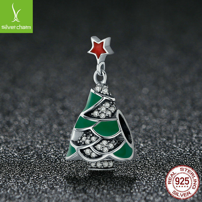 925 Sterling Christmas beads Tree & Star Clear CZ Charm Beads fit Women Bracelet