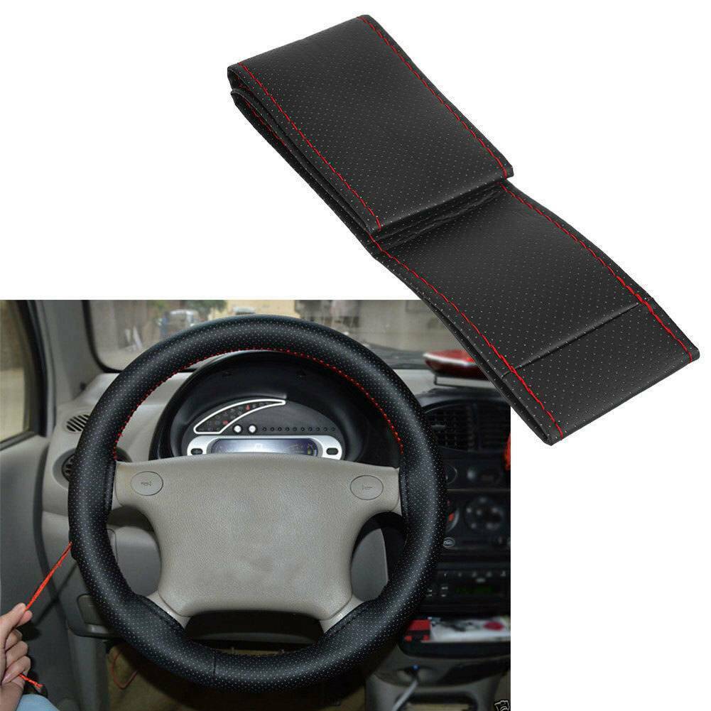 38cm Car Truck Leather Steering Wheel Cover With Needles Thread Black & Red