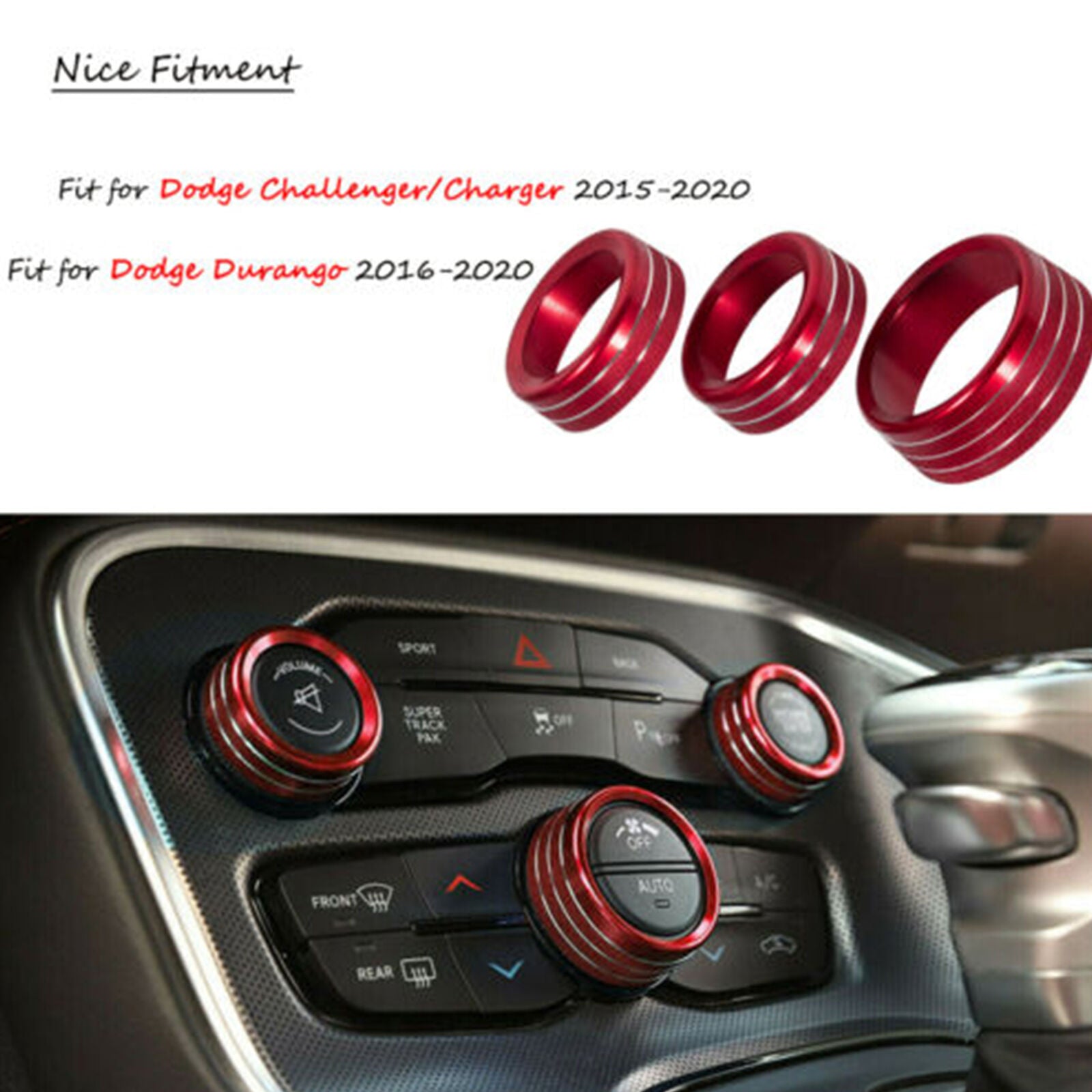3x AC Radio Switch Trims Ring Knob Cover For Dodge Challenger/Charger 15-20 RED