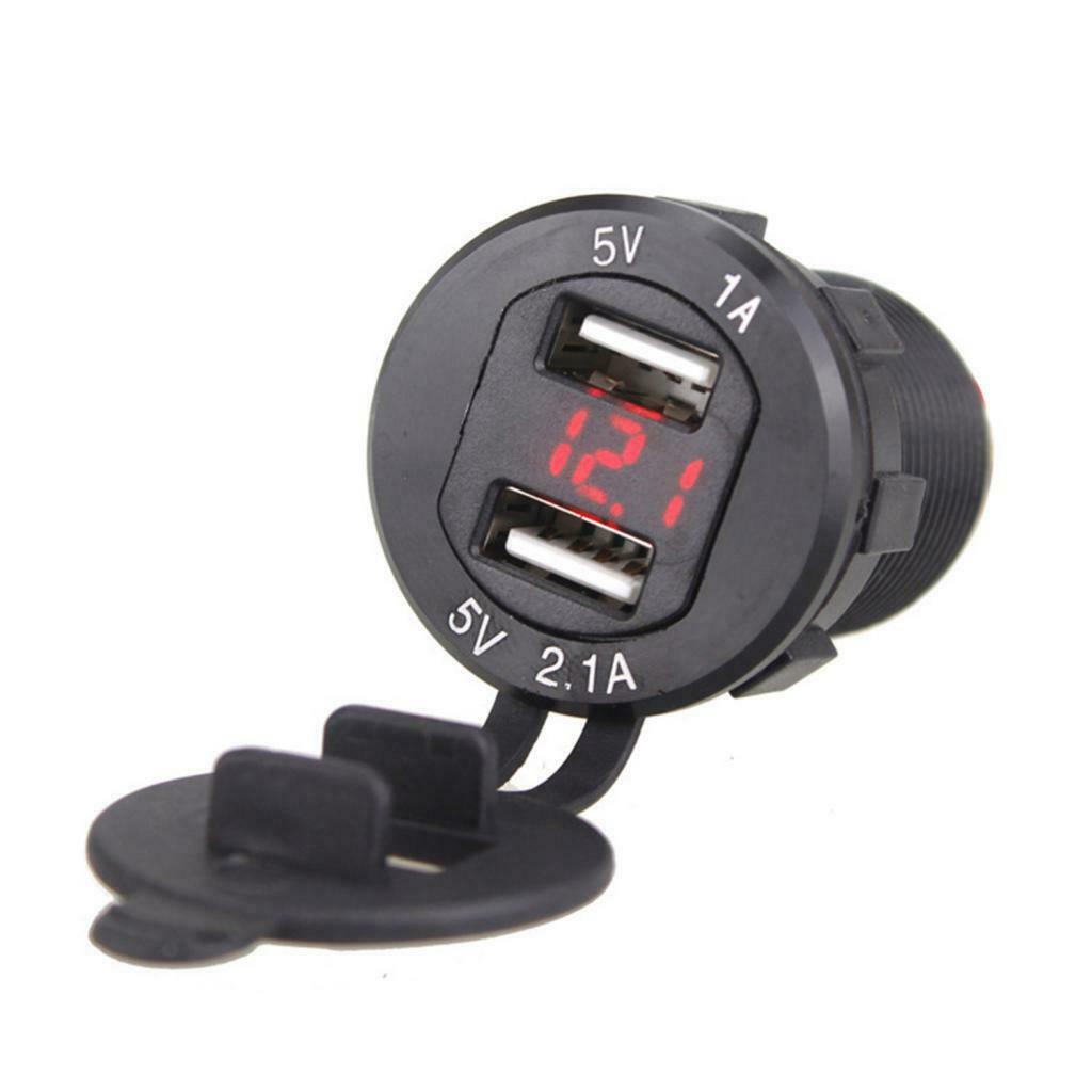 Car Motorcycle 5V 2.1A+1A Dual USB Power Chargers w/ Red LED Voltmeter Black