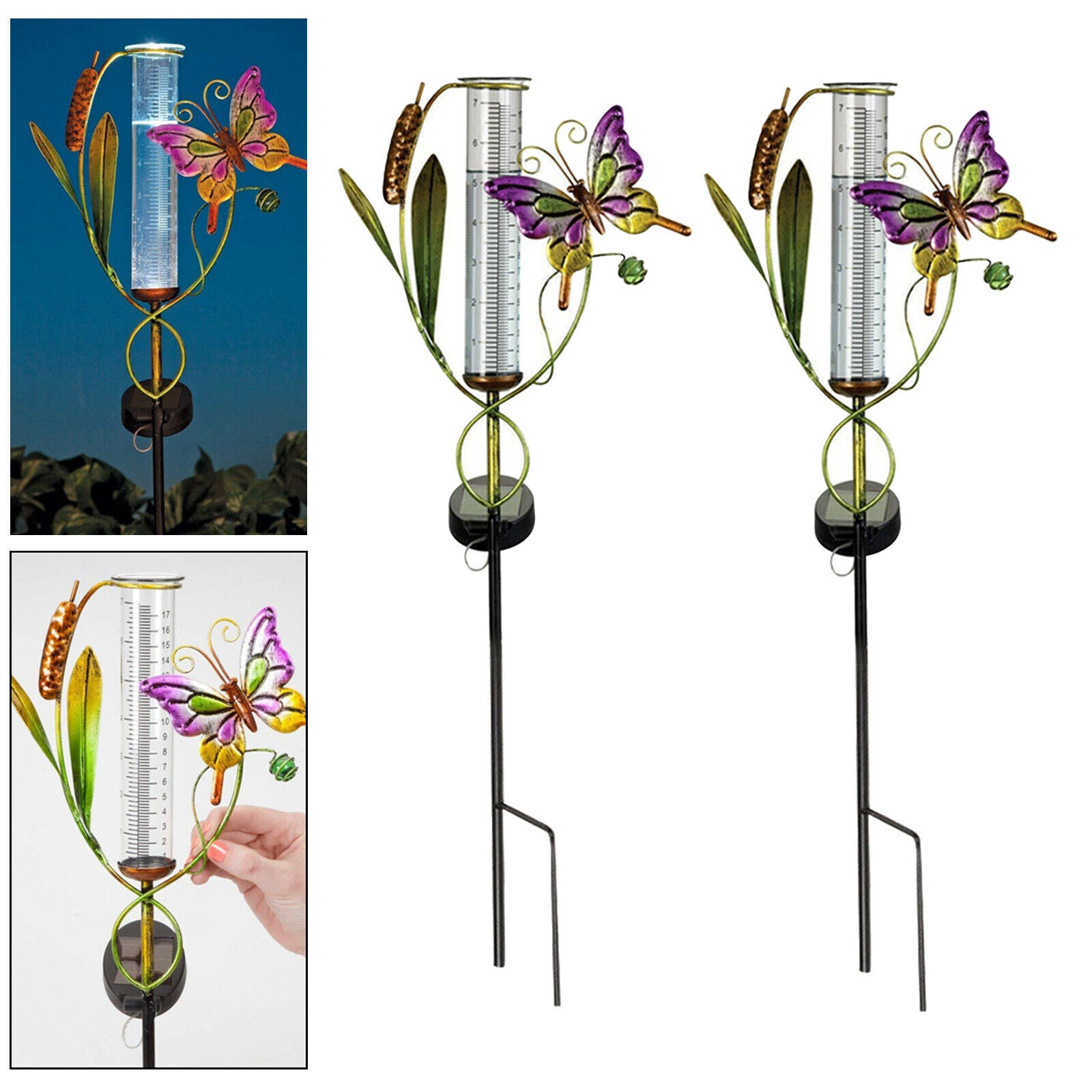 2pcs Butterfly Rain Gauge Garden Solar Stake Lamp Statue LED IP55 Patio Lamp