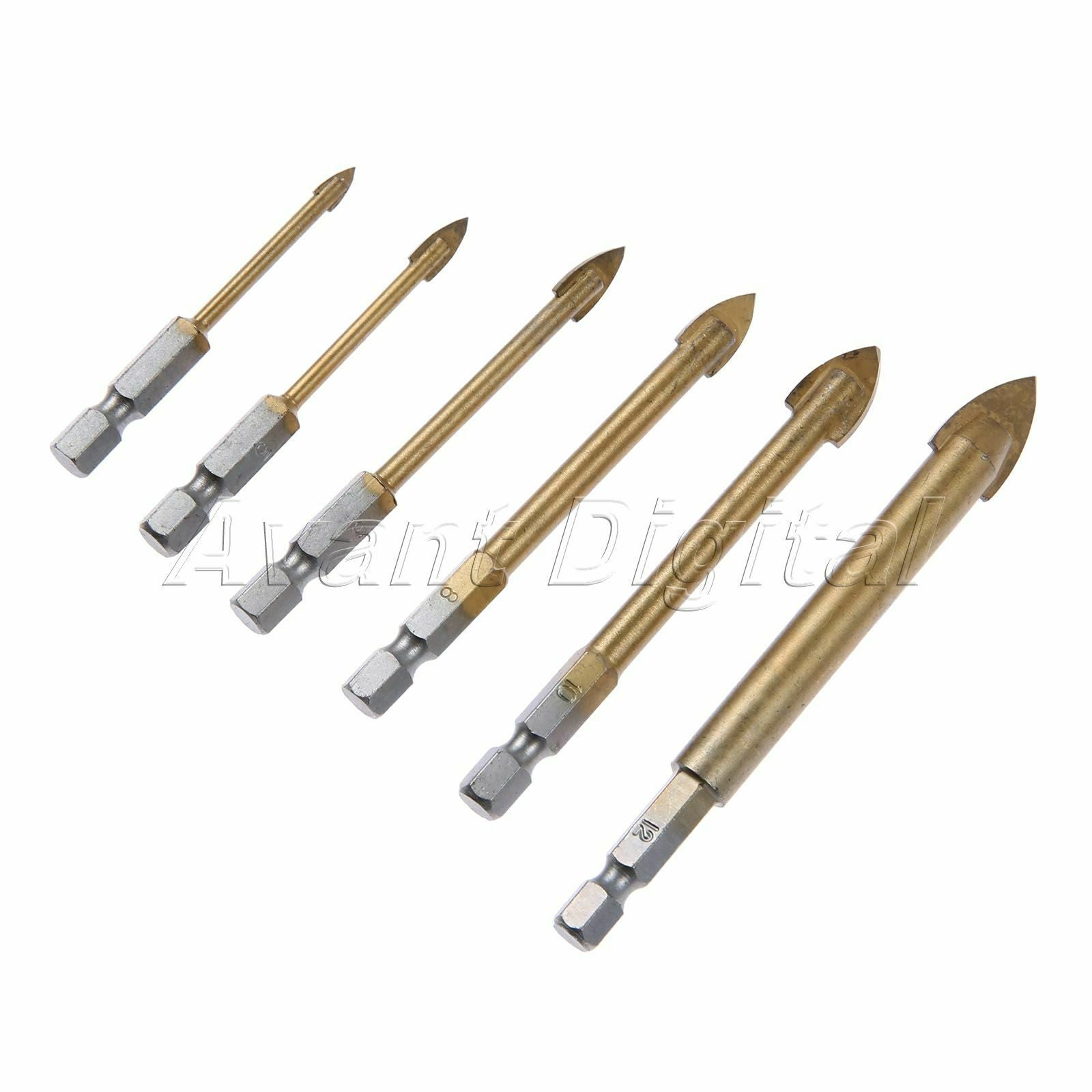6x Tungsten Carbide Hex Tile Glass Drill Bit Set Titanium Coated 4/5/6/8/10/12mm