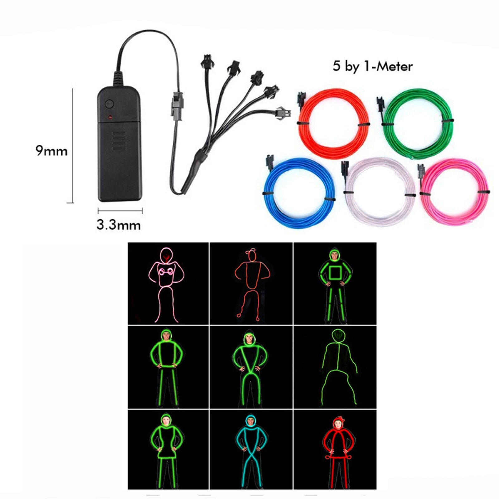 Neon LED Light Glow EL Wire String Strip Rope Tube Car Party+ Battery Controller
