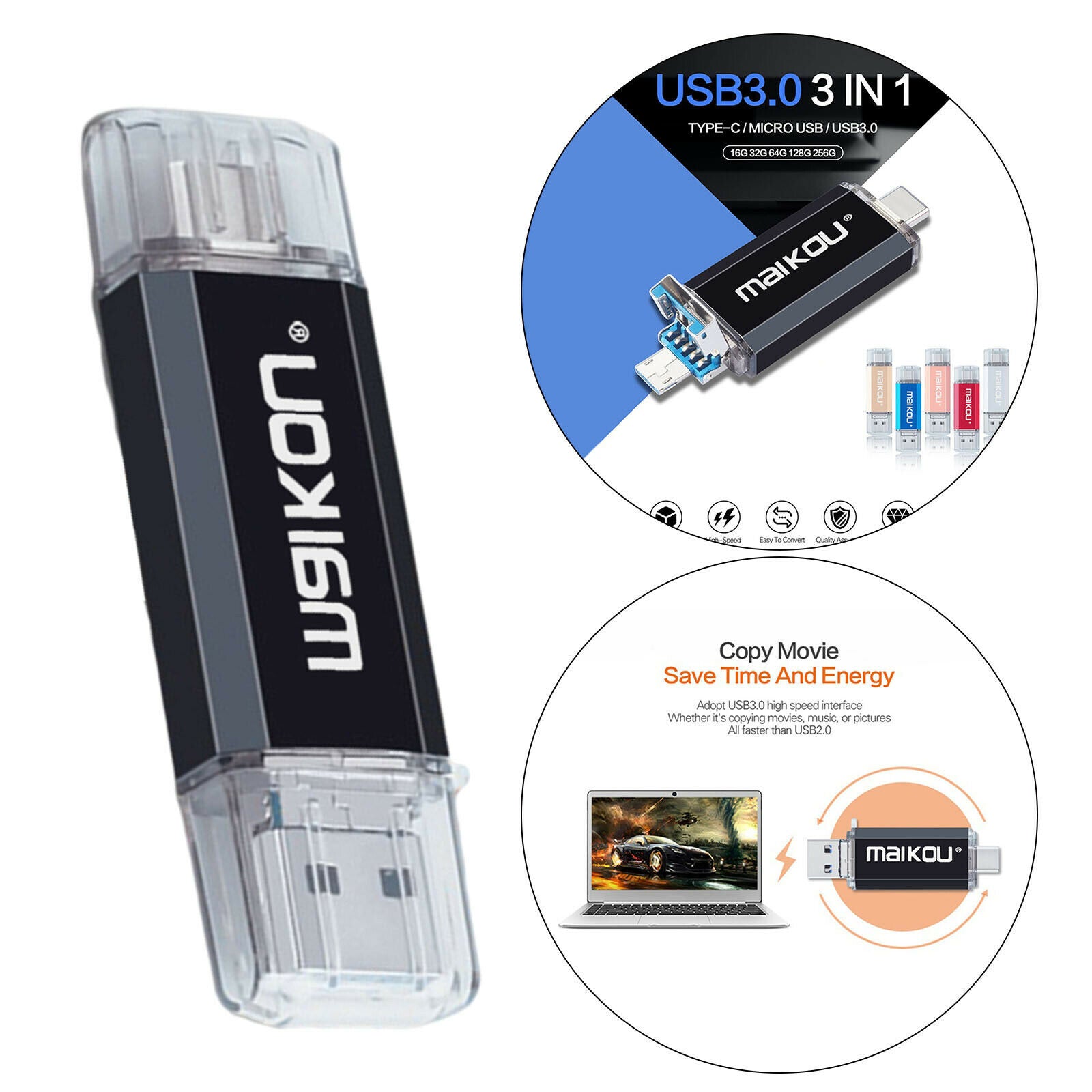 256GB USB Flash Drive Type-C&Micro USB Memory Stick for Phone PC Black