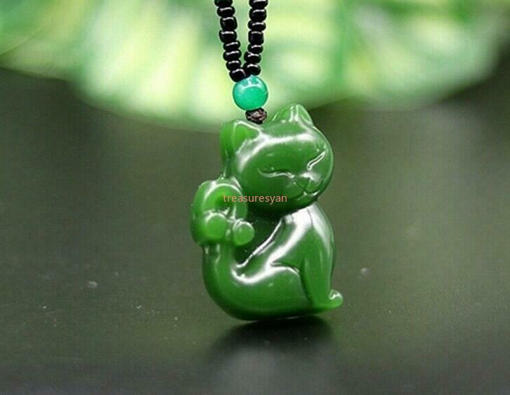 Green Jade Cat Pendant Necklace Gifts Carved Jewelry Jadeite Natural Amulet