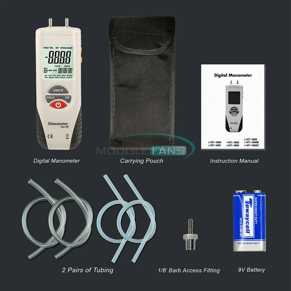 HT-1890 LCD Digital Backlit Manometer Differential Gauge Air Pressure Meter