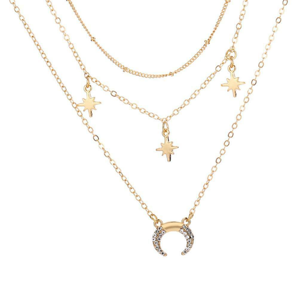 Star Moon Crescent Drop Charm Pendant Necklace Long Chain Boho Jewelry