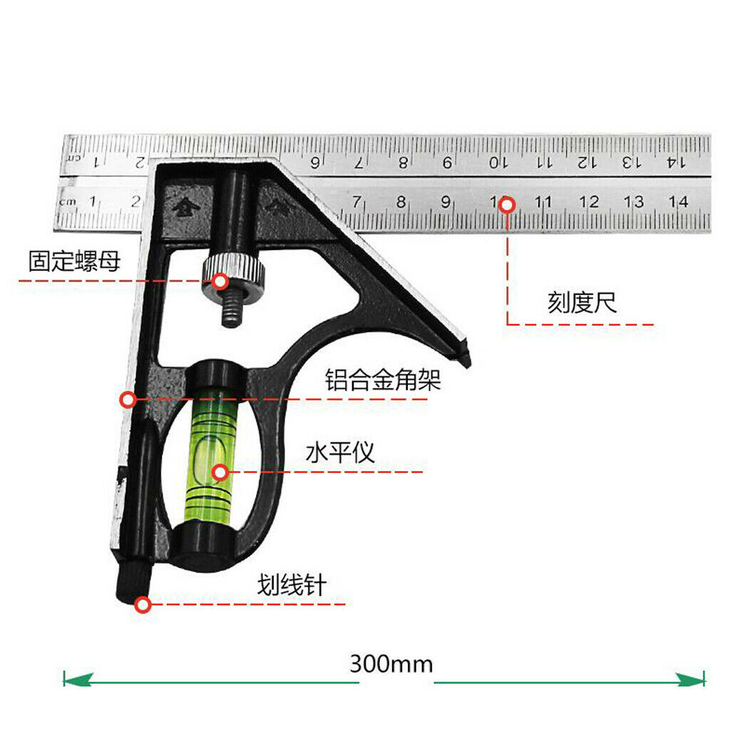 300mm Combination Angle Ruler Measuring Square Ruler Metric Spirit Level