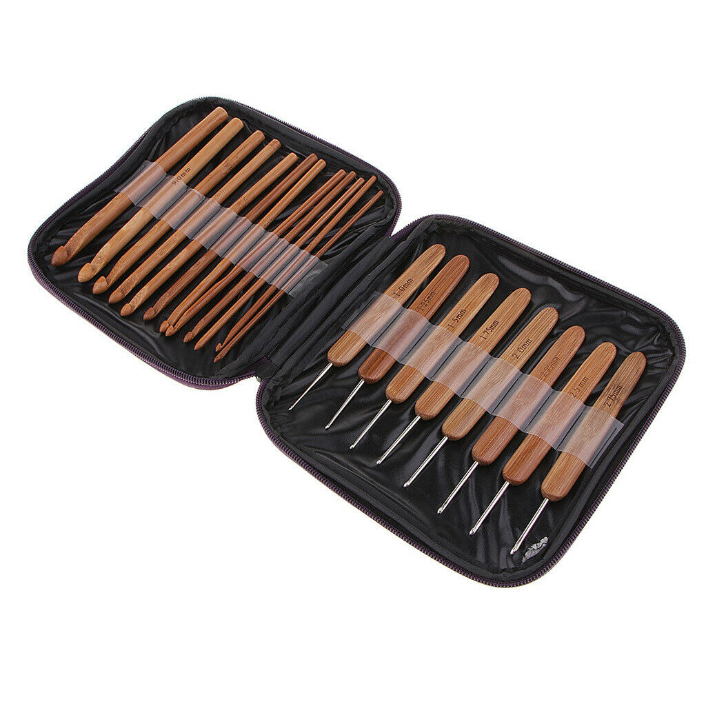 Banboo Hard Handle Crochet Hooks Knitting Knit Needles Weave Yarn Set - 20pcs