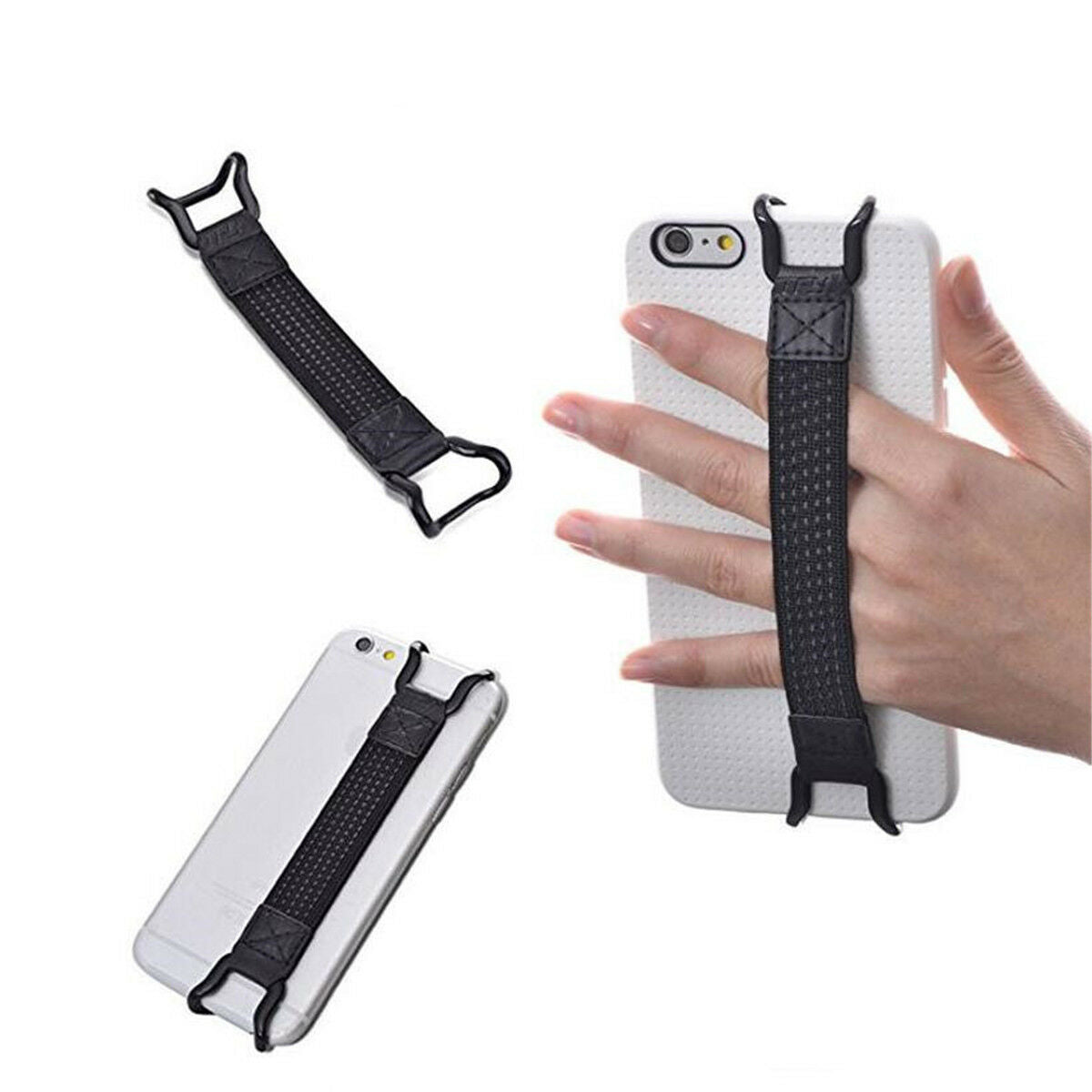 4pcs Black Mobile Phone Holder Elastic Strap Metal Bracket One Hand Operation