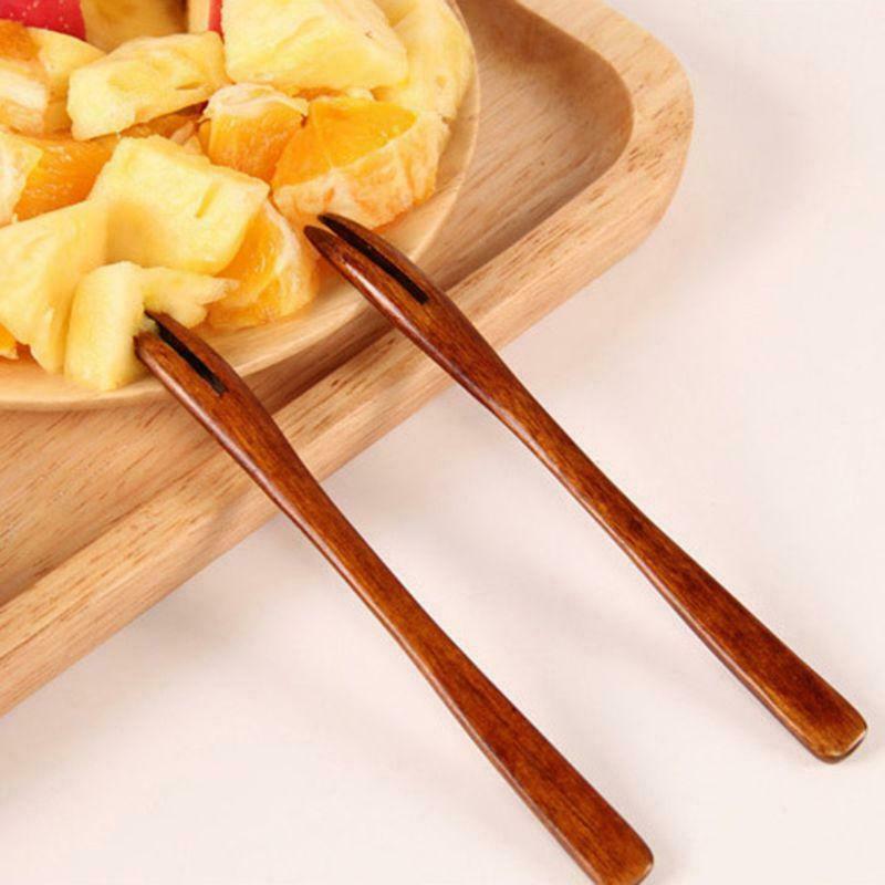 Wooden Dessert Food Fruit Serving Fork Dining Tableware Utensil Tools Cutlery