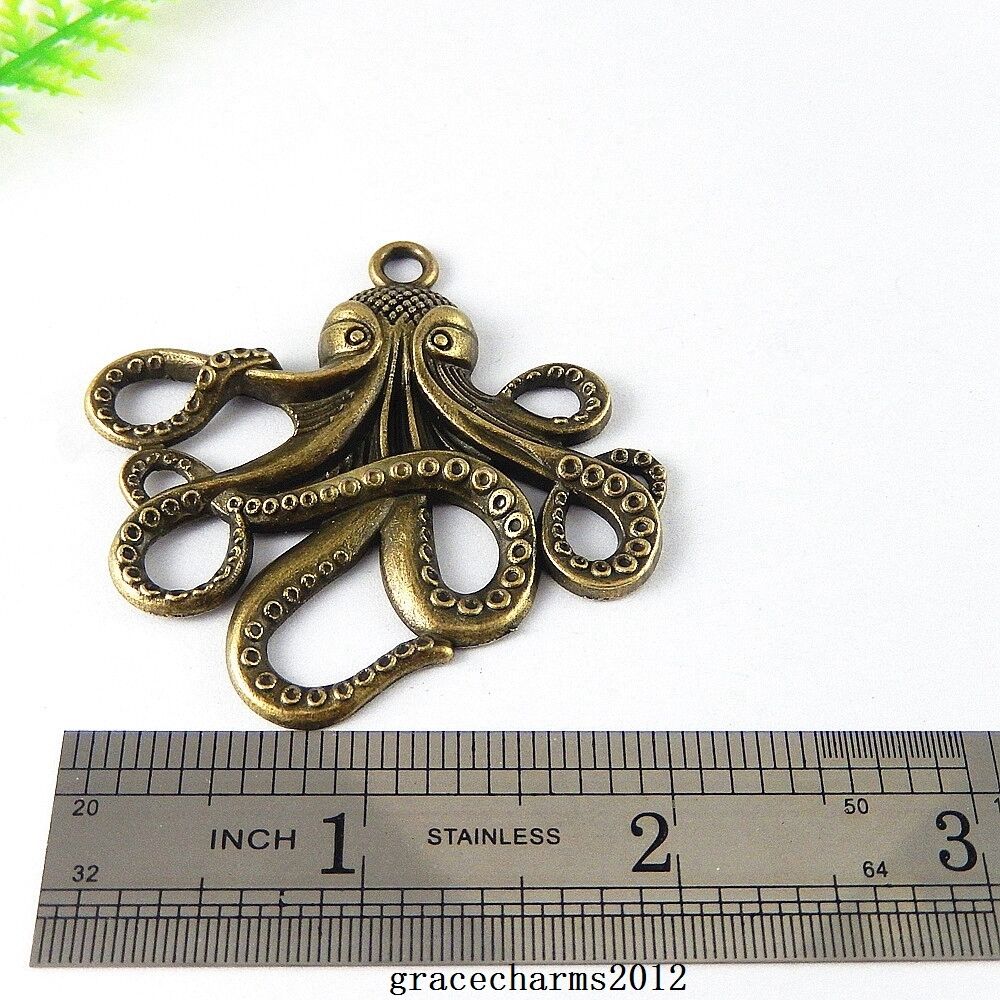 3 pcs Antiqued Bronze Cute Octopus Pendant Charm Alloy Marine Fish 56*54*3mm