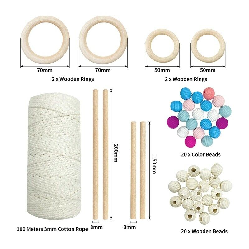 DIY Macrame Kit,Macrame Wall Hanging Kit,Cotton Cords 3mm,Wooden s,Wooden StT6B1
