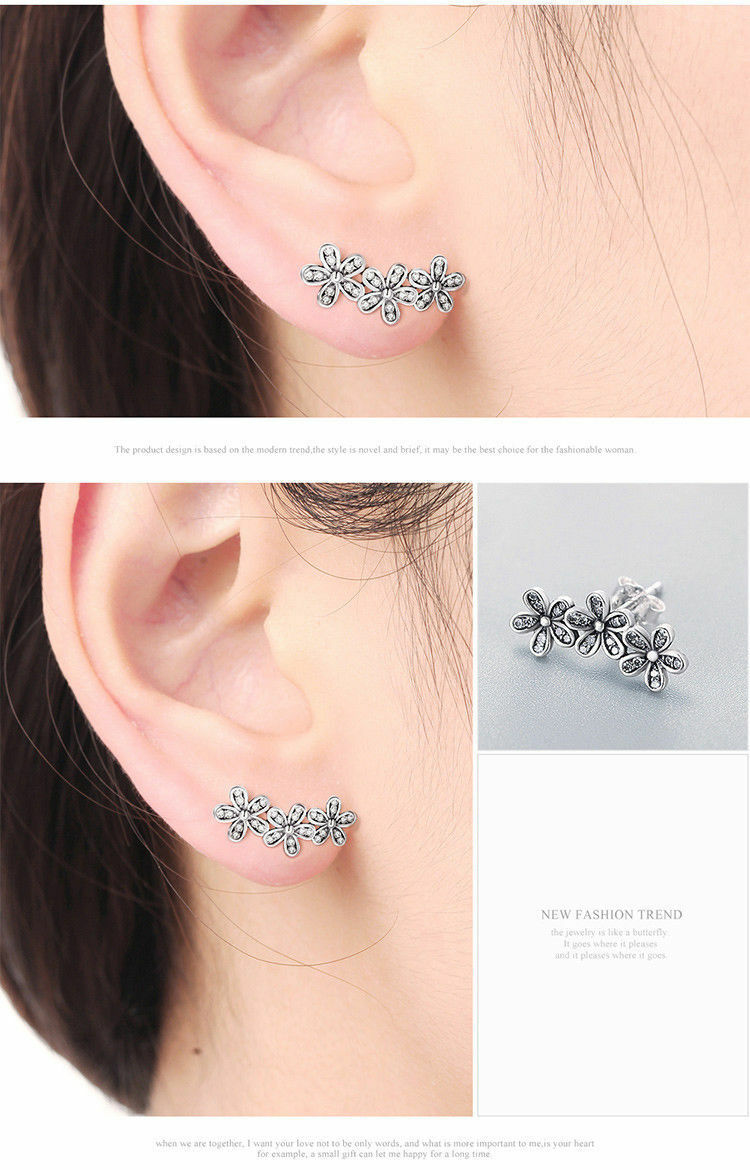 Authentic Dazzling Daisy Flower CZ stud Earrings fit sterling 925 women Jewelry