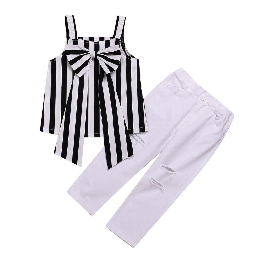 Baby Kids Girls Vertical Stripes Print Big Bowknot Tank Top+ Pants Trousers Set