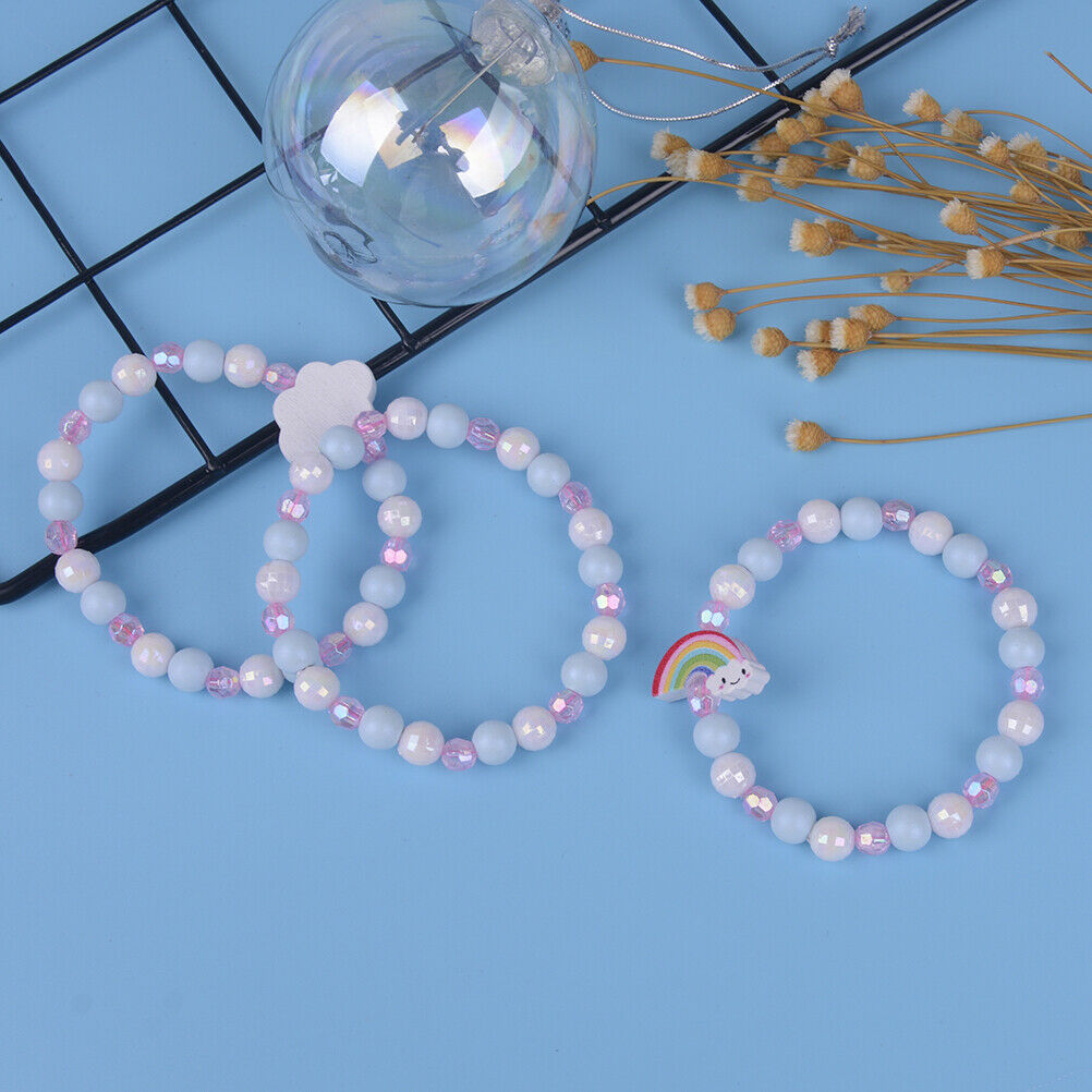 1 Set/3Pcs Cartoon rainbow wood beads girls jewelry set kids children bra.l8
