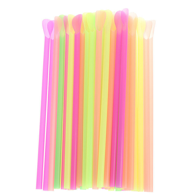 50Pcs/Set Plastic Drinking Straws Spoon Colorful Disposable Tea Tools StrawFCA