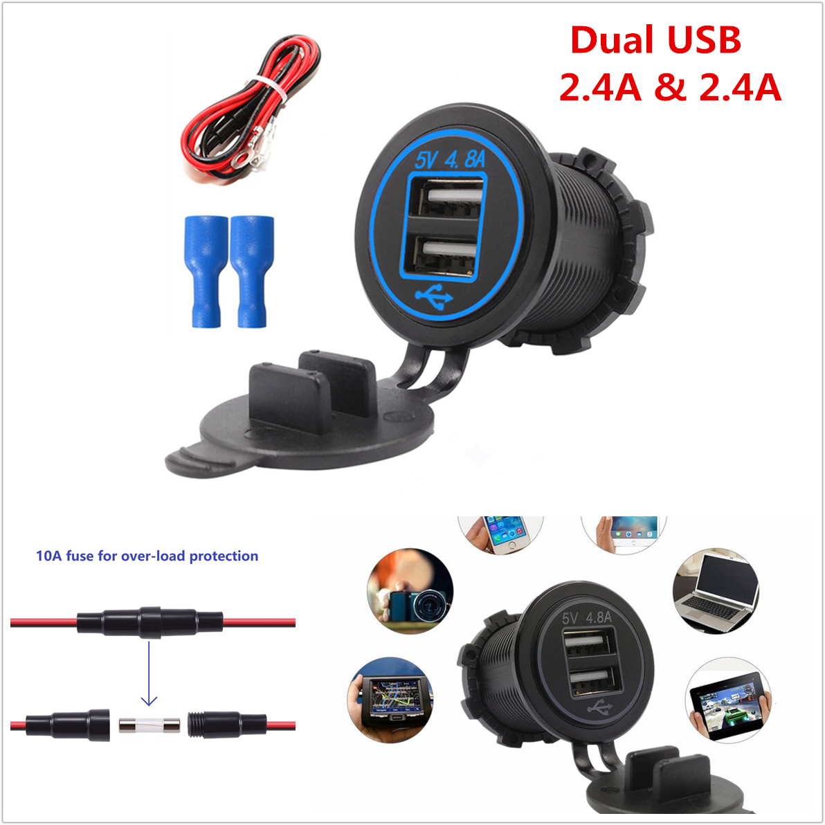 Waterproof Dual USB Phone Charger Socket Power Outlet for Motorcycles Car Truck