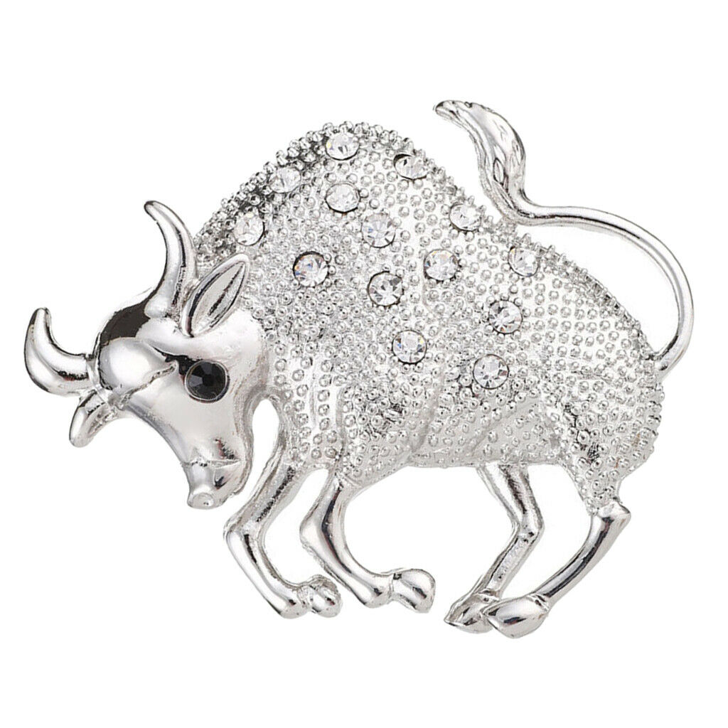 Silvery Tone Clear Crystal Rhinestone Cow Animal Brooch Pin For Men Women